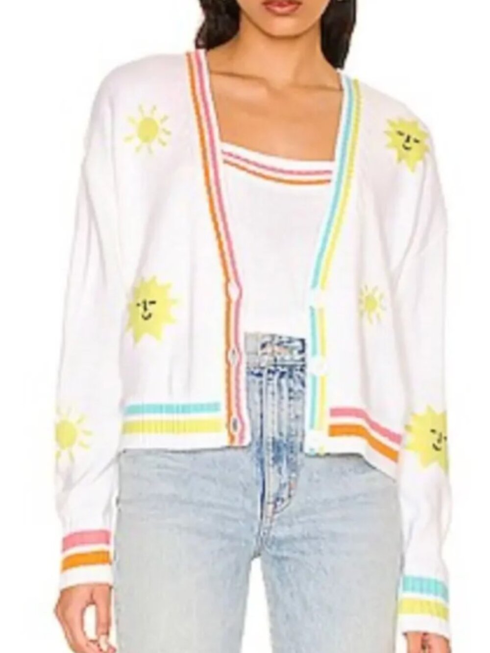 Anthropologie 525 Quirky Knit Chunky Smiley Sun Cardigan Sweater sz M